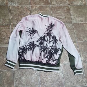 EUC Stradivarius Polyester Green Pink Zip Jacket w/ Palm Tree Design Size Medium